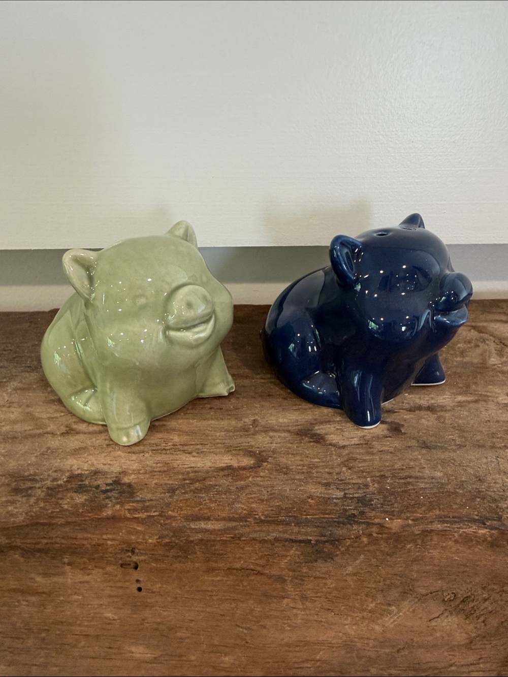 Ceramic Pig Salt & Pepper Shakers - Sage Green & Navy